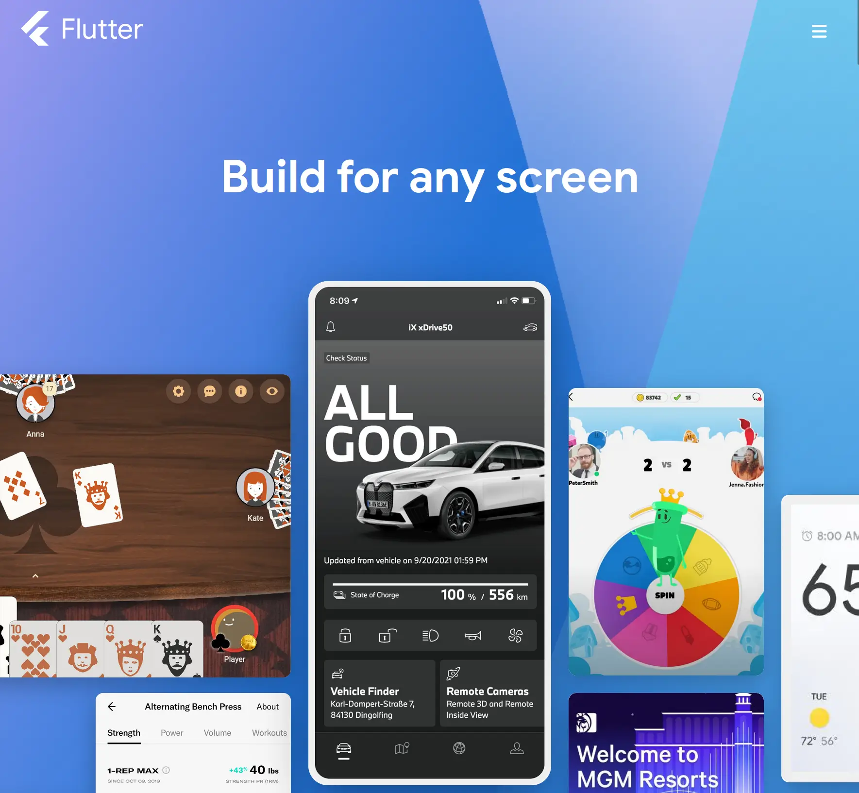 Screenshot of Flutter website reading "Build for any screen" abovea collection of example apps.