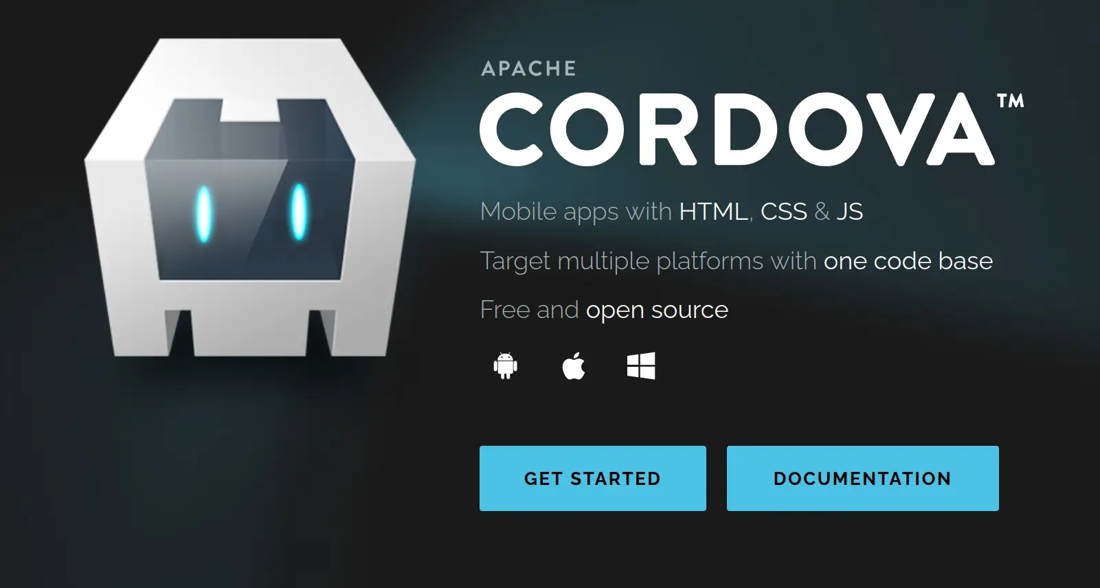 Screenshot of Apache Cordova ebiste reading "Apache Cordova. Mobile apps with HTML, CSS & JS. Target multiple platforms with one code base. Free and open source."
