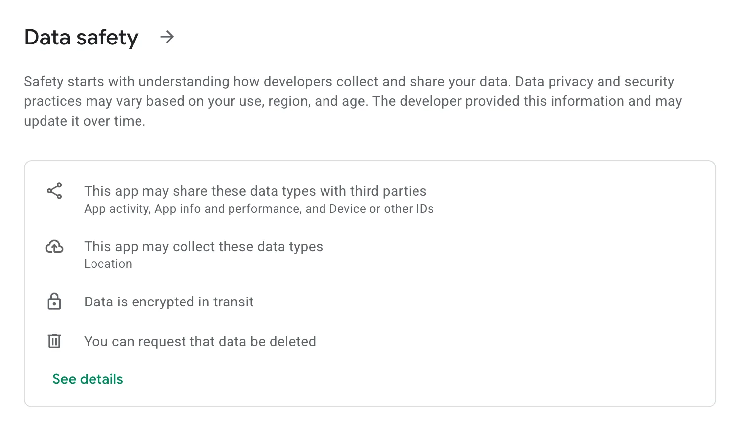 The Data safety section of the Gourmet Gift Baskets app on Google Play, listing data types shared with third parties and collected, and noting that data is encrypted in transit and can be deleted on request