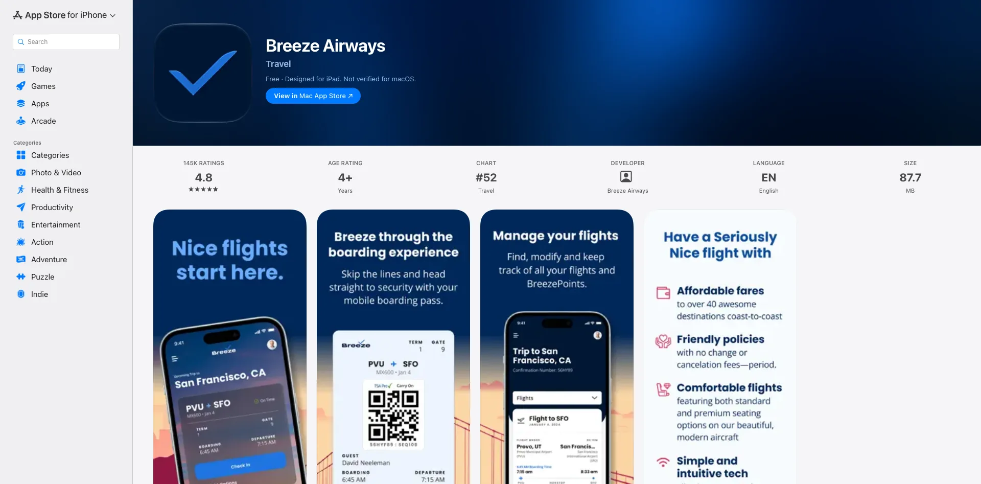 Breeze Airways app page in the App Store, rated 4.8 from 145K ratings