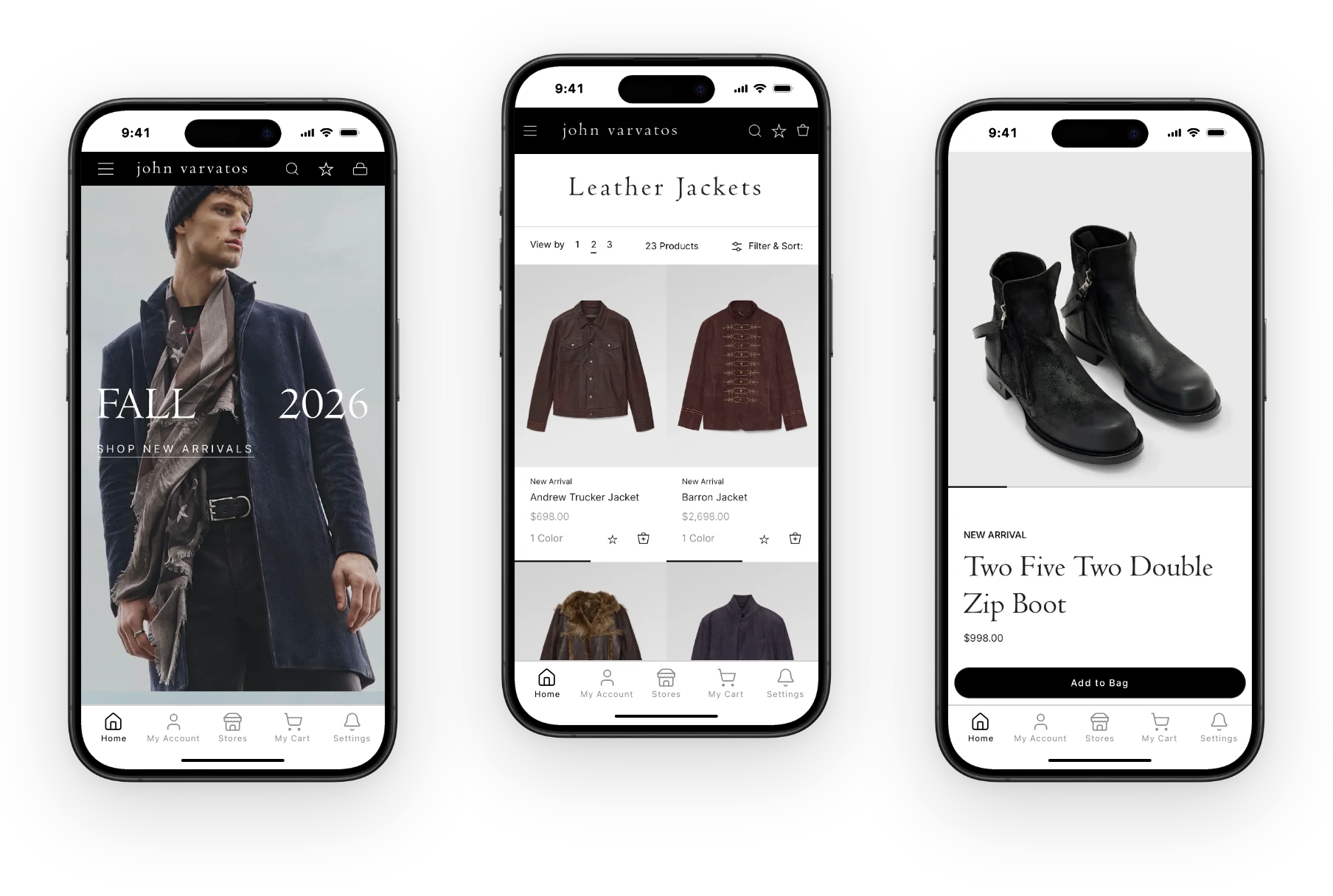 The John Varvatos shopping app on iPhones: the Fall 2026 home screen, the leather jackets category and a product page for a boot, with the app's tab bar for Home, My Account, Stores, My Cart and Settings