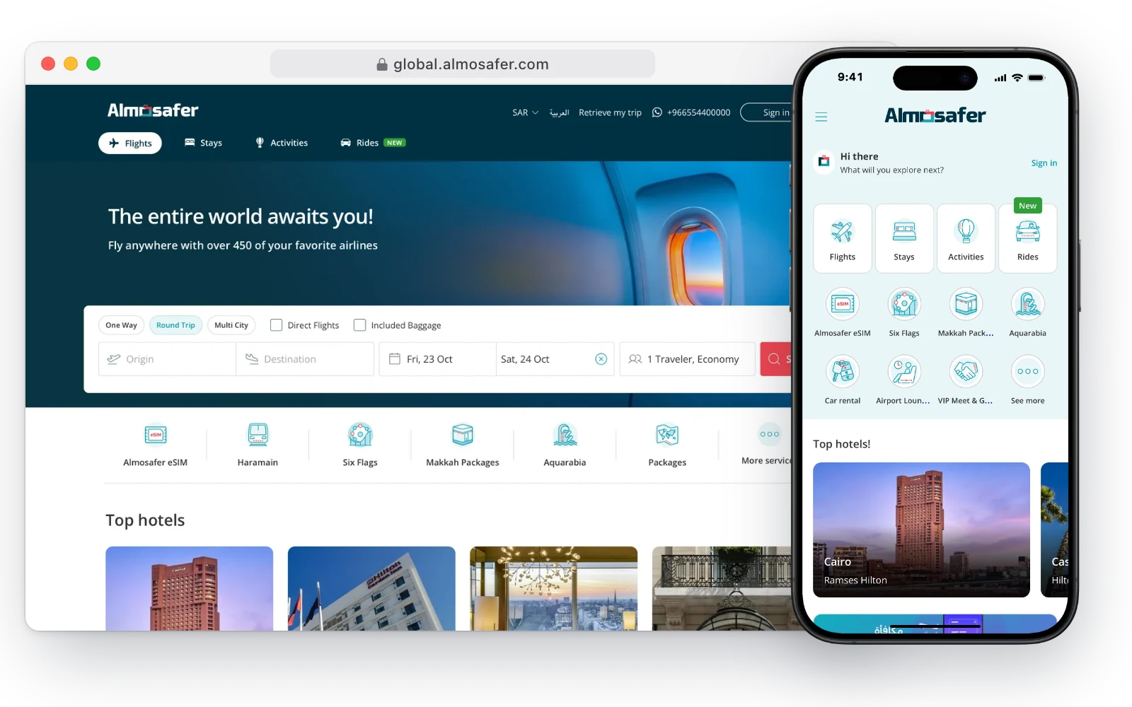 Almosafer's travel site in a desktop browser and on an iPhone, with flight search and top hotels
