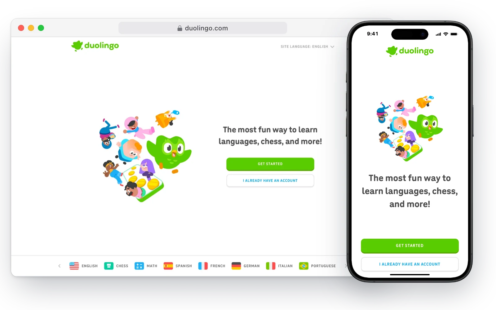Duolingo's website in a desktop browser and on an iPhone, with the line The most fun way to learn languages, chess, and more