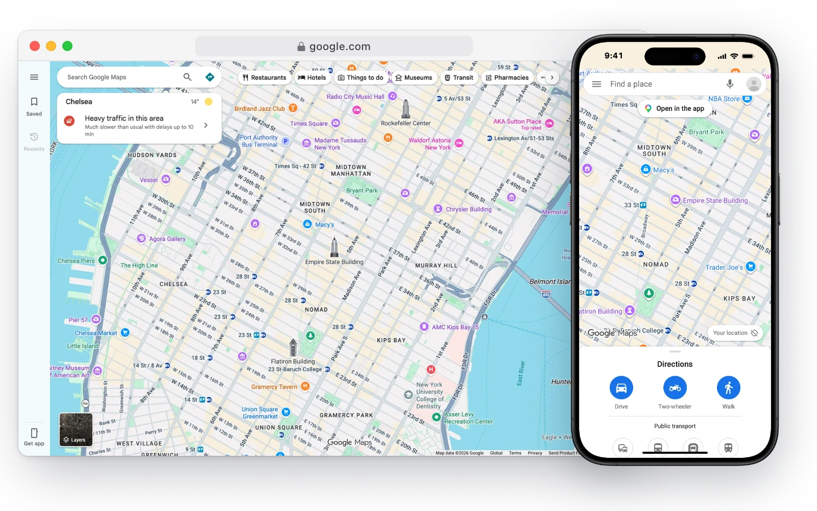 Google Maps in a desktop browser and on an iPhone, showing a map of Manhattan with nearby places and directions buttons