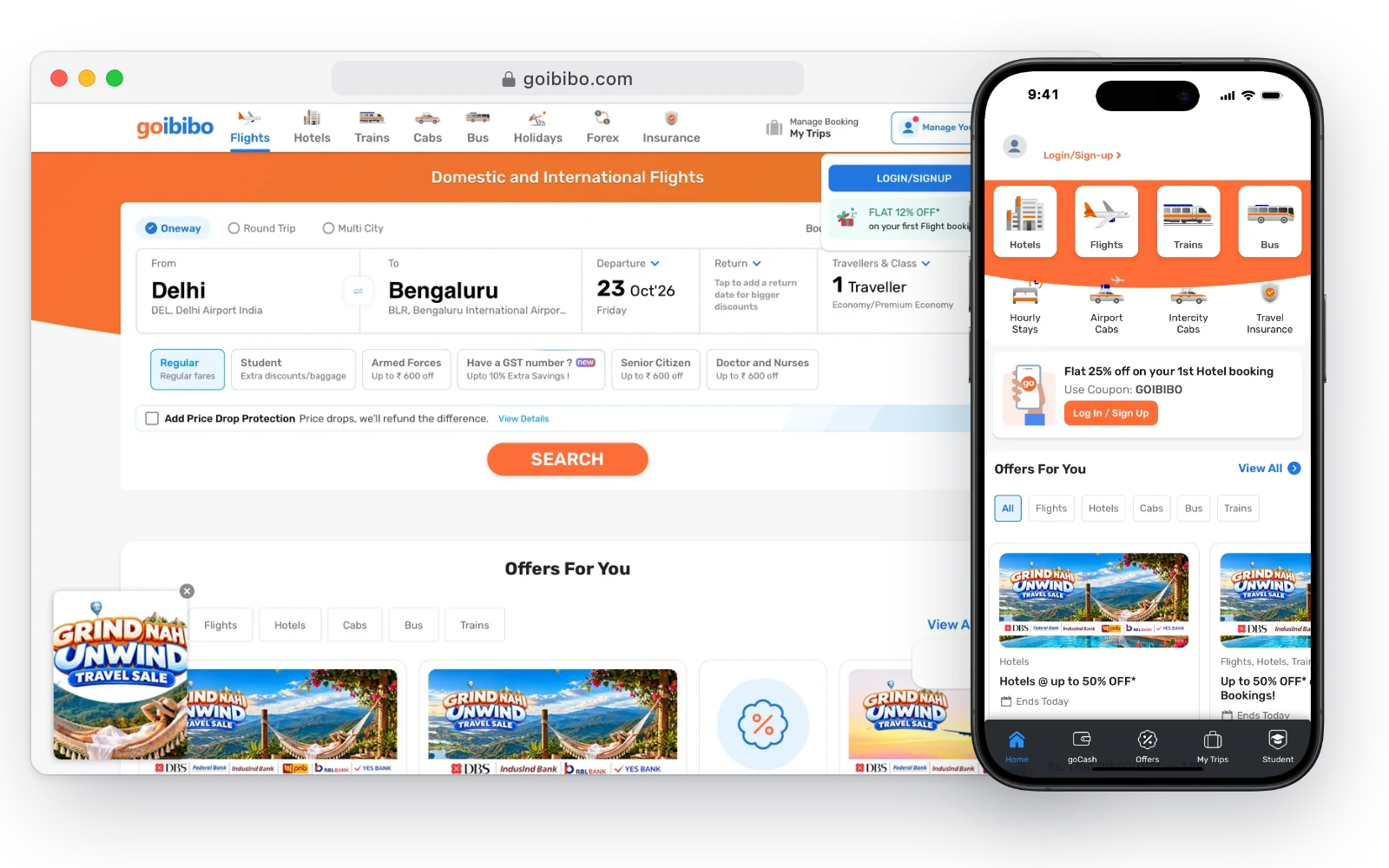 Goibibo's travel booking site in a desktop browser and on an iPhone, with a flight search from Delhi to Bengaluru
