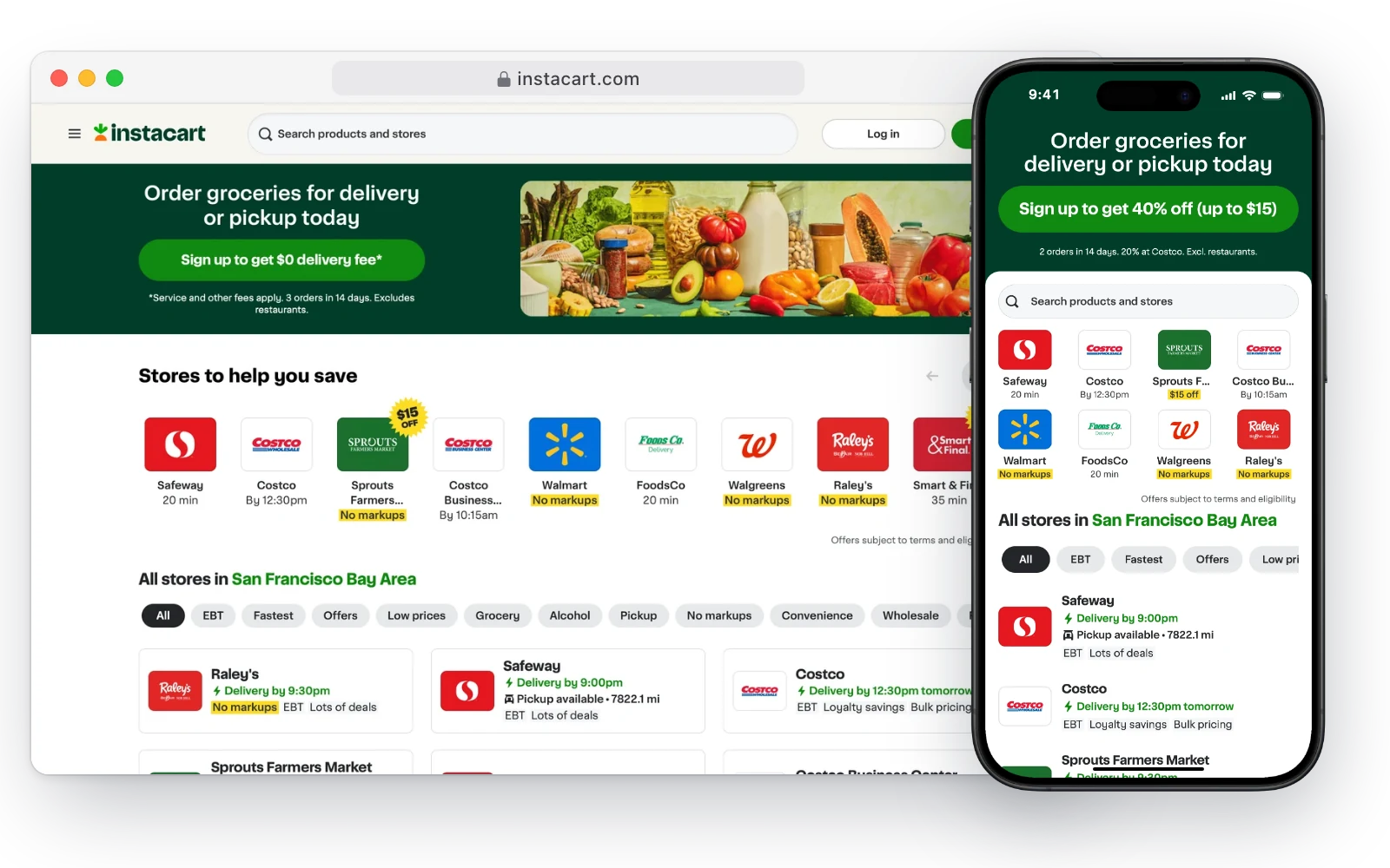 Instacart's website in a desktop browser and on an iPhone, with stores like Safeway, Costco and Sprouts available for delivery