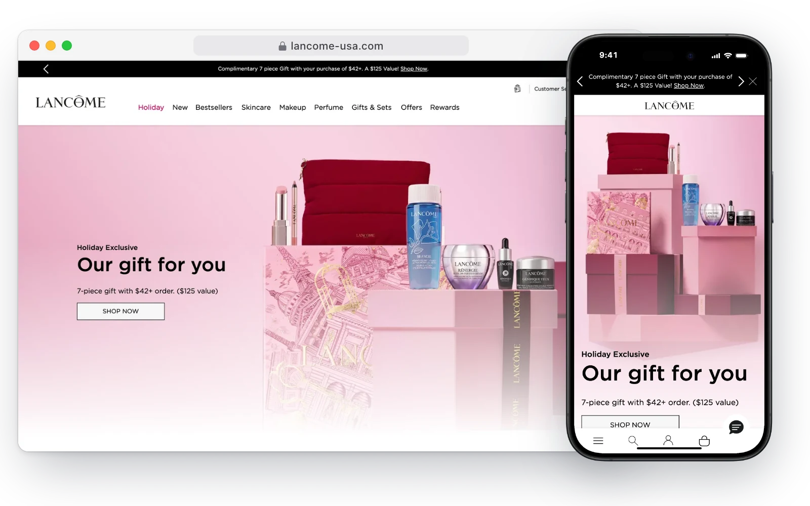 Lancôme's US website in a desktop browser and on an iPhone, with a holiday gift offer in front of a pink gift box