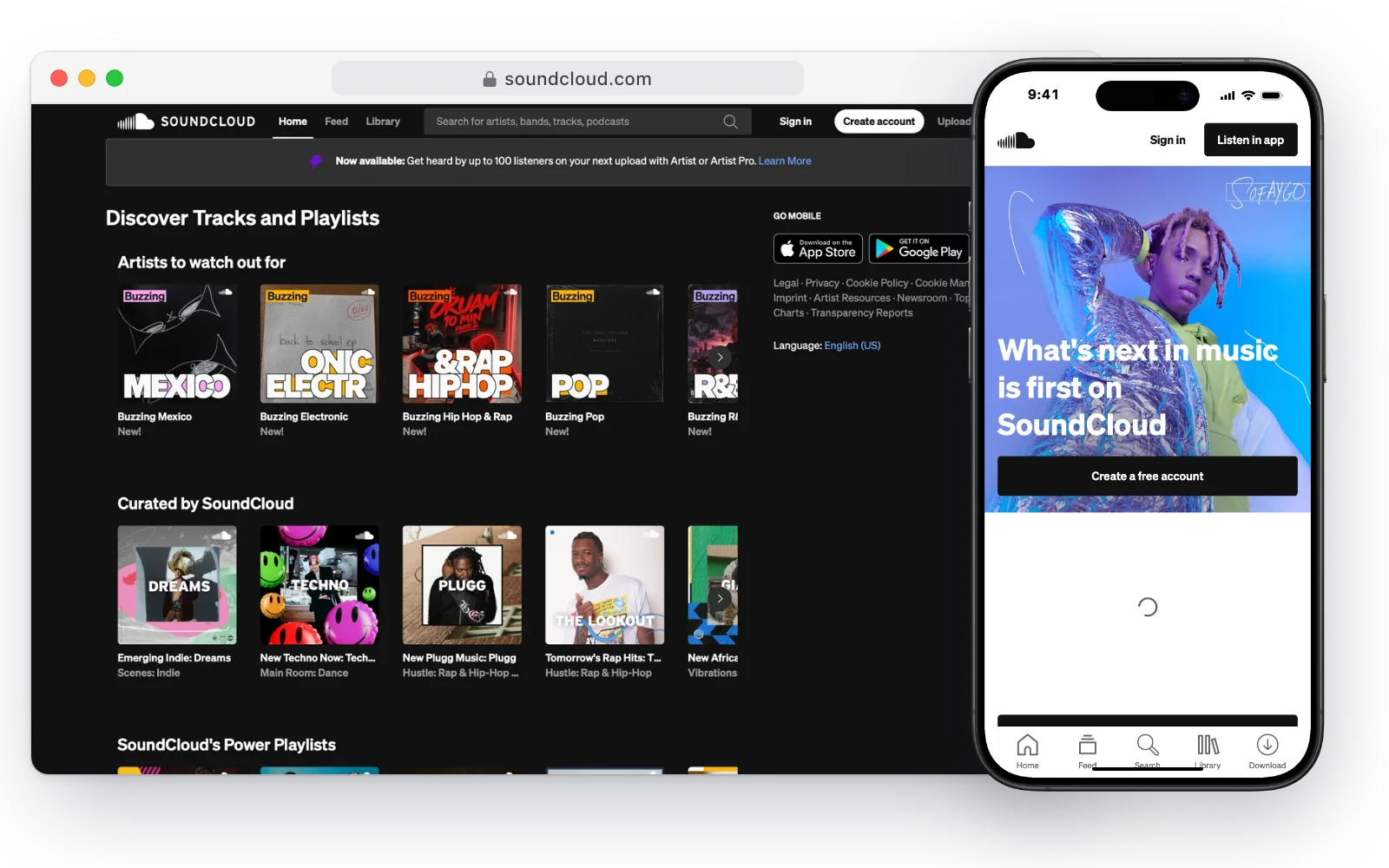 SoundCloud in a desktop browser and on an iPhone, with the headline What's next in music is first on SoundCloud and curated playlists