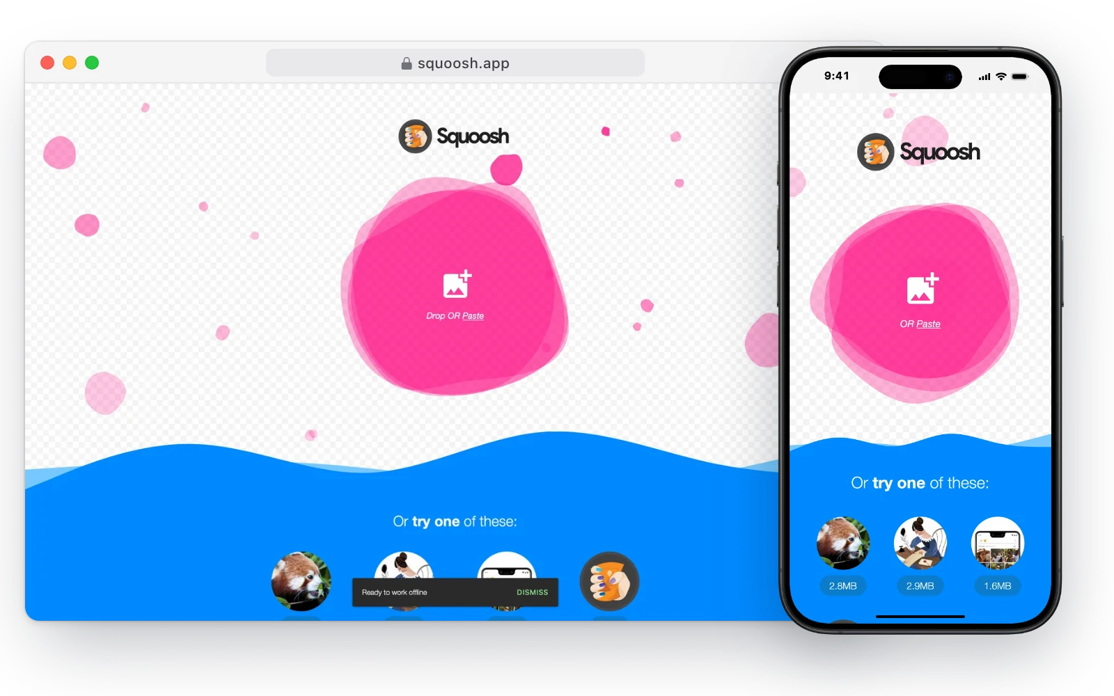Squoosh in a desktop browser and on an iPhone, with a drop zone for images and sample photos to try