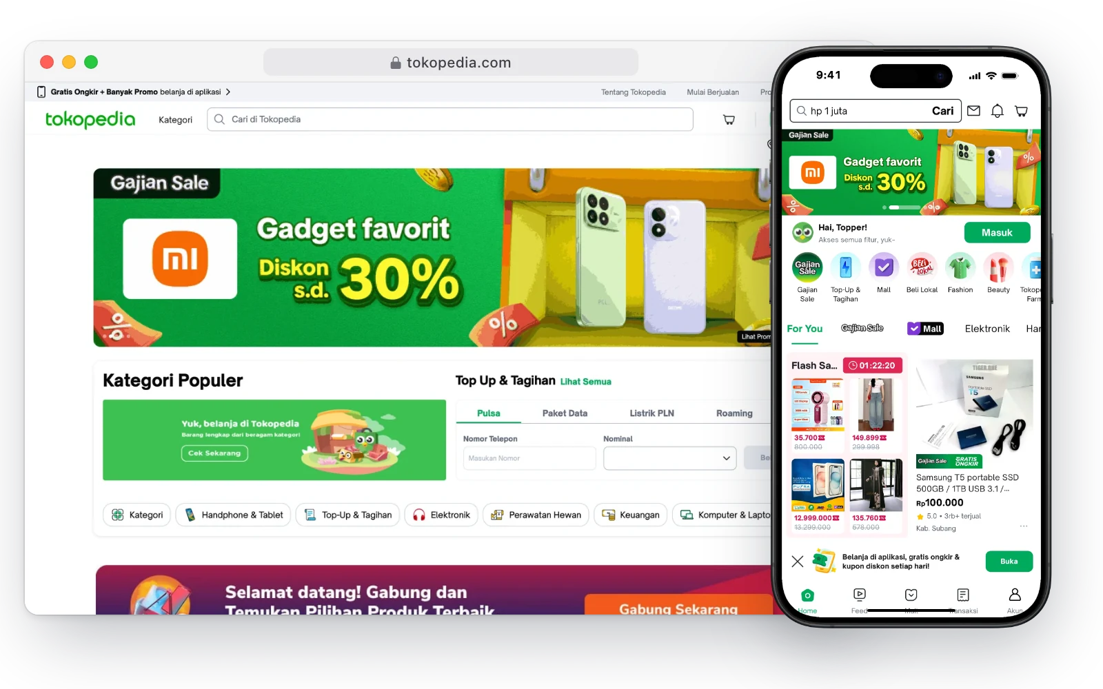 Tokopedia's marketplace in a desktop browser and on an iPhone, with a 30% gadget discount banner and popular categories