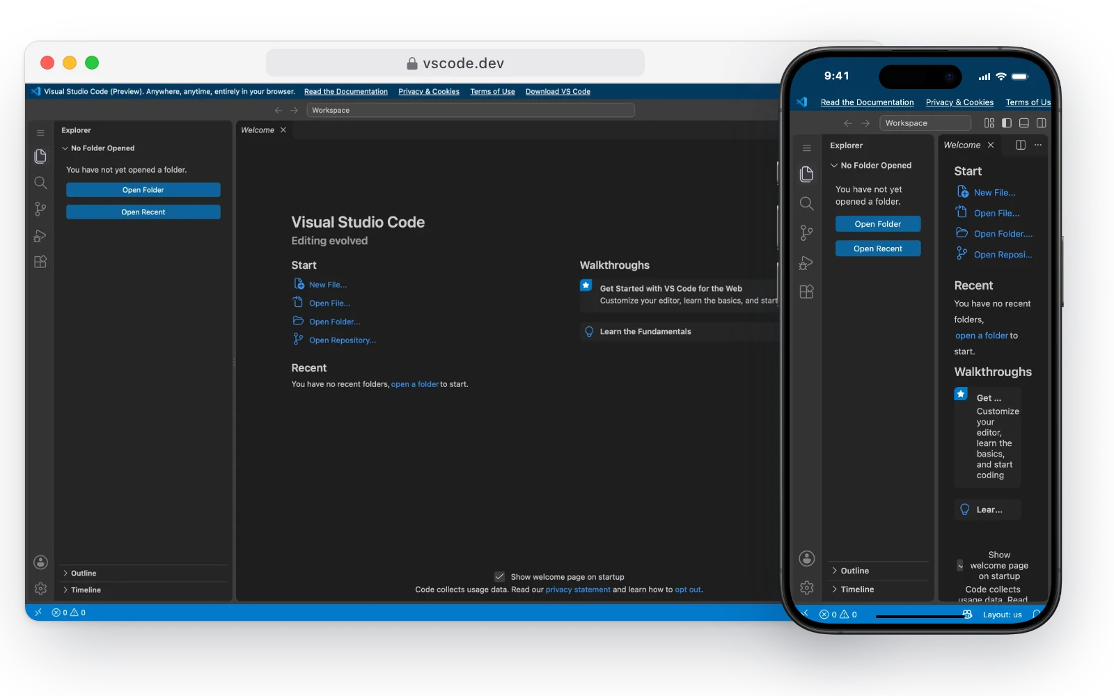 VS Code for the Web in a desktop browser and on an iPhone, with the editor's welcome page and buttons to open a folder or repository