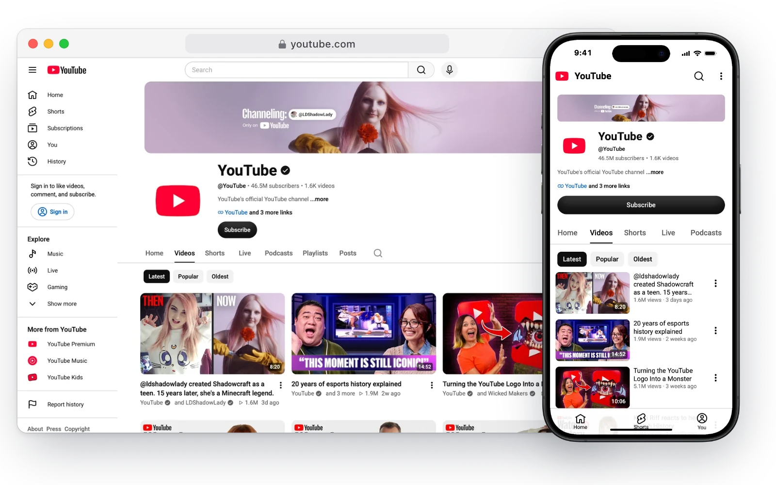 YouTube's official channel page in a desktop browser and on an iPhone, with video thumbnails and a Subscribe button