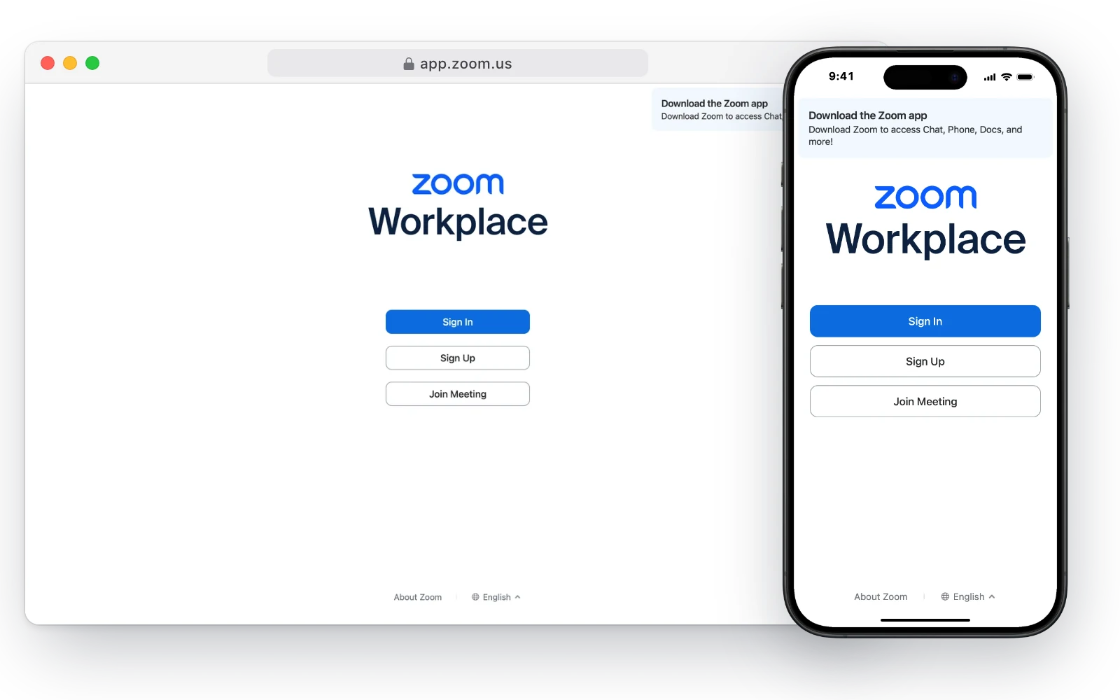 Zoom's web app in a desktop browser and on an iPhone, with buttons to sign in, sign up or join a meeting