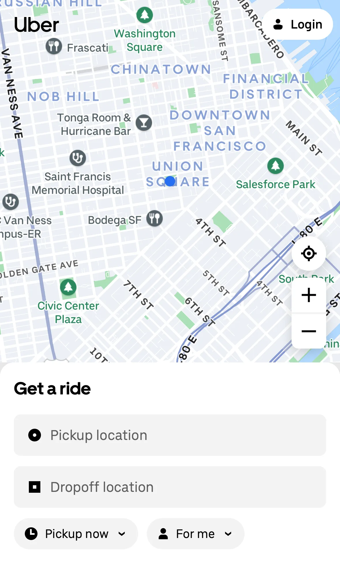 Uber's web app at m.uber.com on an iPhone-sized screen: a map of downtown San Francisco with a Get a ride panel for pickup and dropoff locations