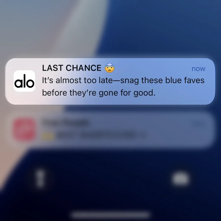 Alo Yoga push notification: LAST CHANCE. It's almost too late-snag these blue faves before they're gone for good.