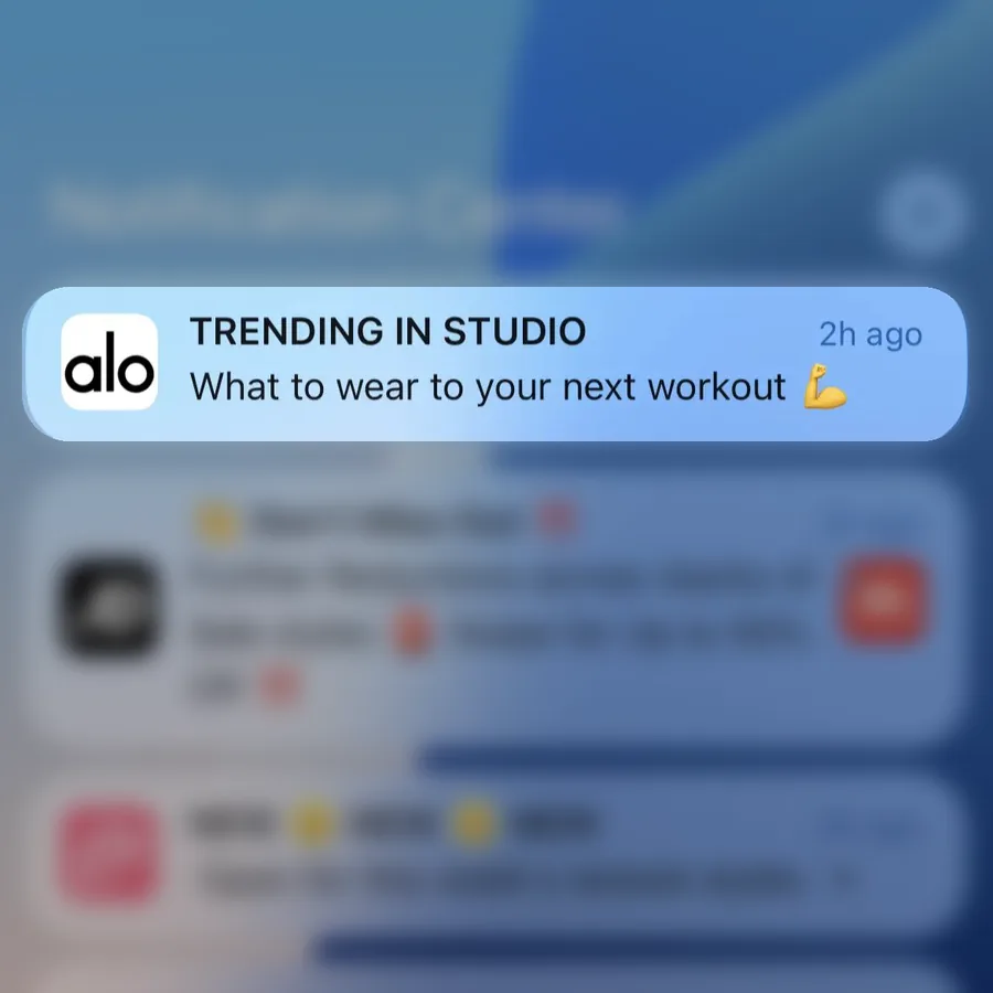Alo Yoga push notification: TRENDING IN STUDIO. What to wear to your next workout