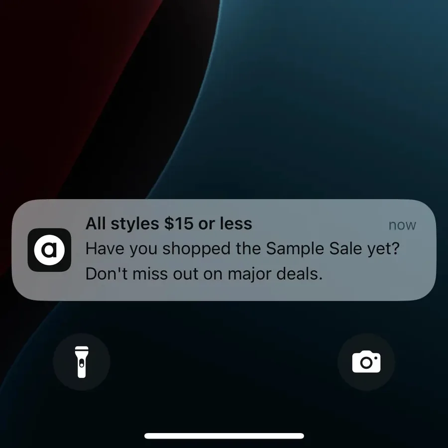 ASOS push notification: All styles $15 or less. Have you shopped the Sample Sale yet? Don't miss out on major deals.
