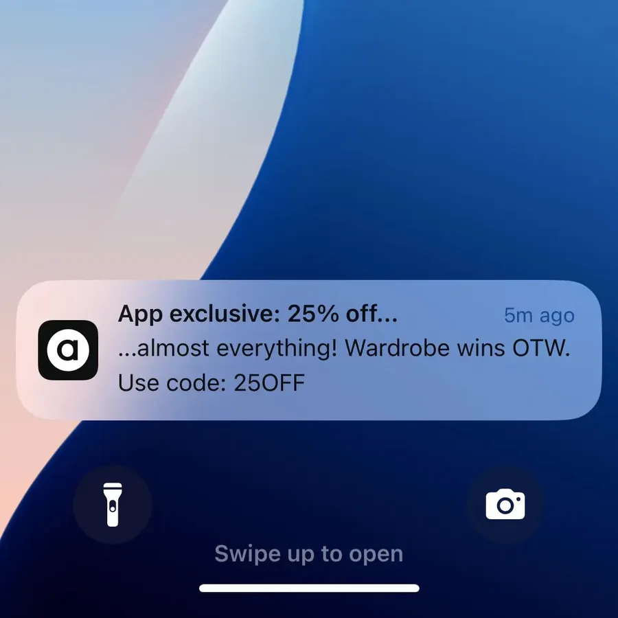 ASOS push notification: App exclusive: 25% off.... ...almost everything! Wardrobe wins OTW. Use code: 250FF