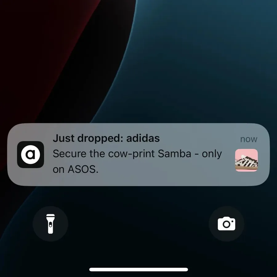 ASOS push notification: Just dropped: adidas. Secure the cow-print Samba - only on ASOS.