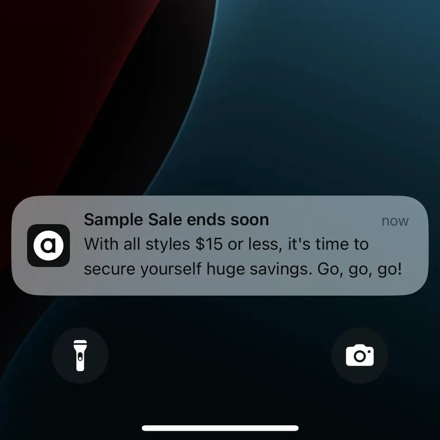 ASOS push notification: Sample Sale ends soon. With all styles $15 or less, it's time to secure yourself huge savings. Go, go, go!