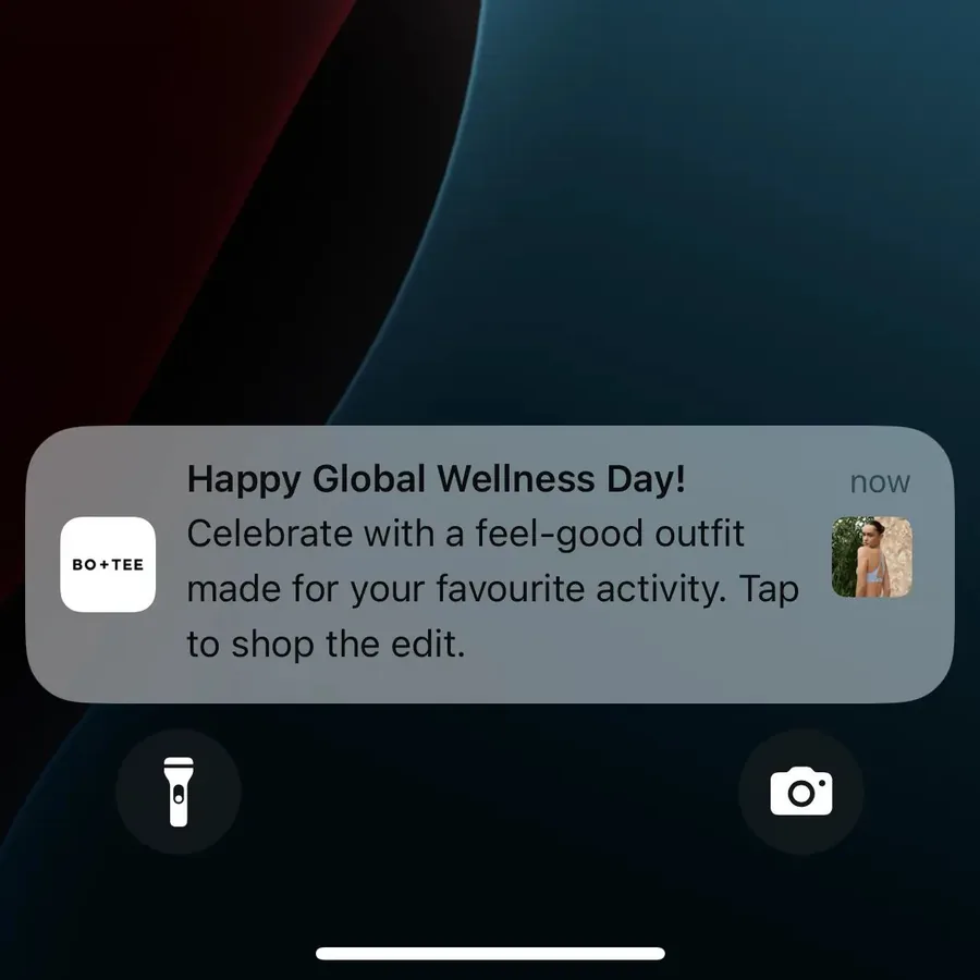 Bo+Tee push notification: Happy Global Wellness Day!. Celebrate with a feel-good outfit made for your favourite activity. Tap to shop the edit.