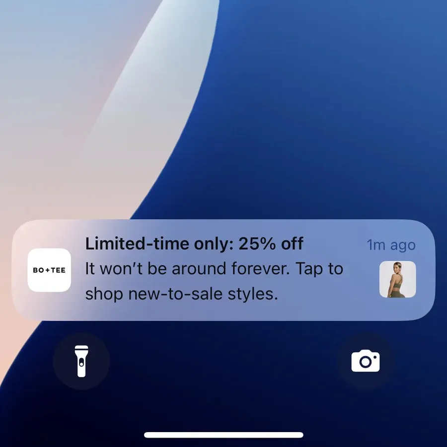Bo+Tee push notification: Limited-time only: 25% off. It won't be around forever. Tap to shop new-to-sale styles.