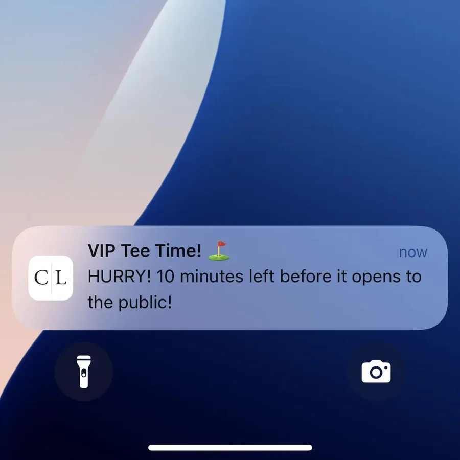 Caden Lane push notification: VIP Tee Time!. HURRY! 10 minutes left before it opens to the public.