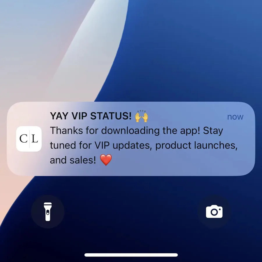 Caden Lane push notification: YAY VIP STATUS!. Thanks for downloading the app! Stay tuned for VIP updates, product launches, and sales!