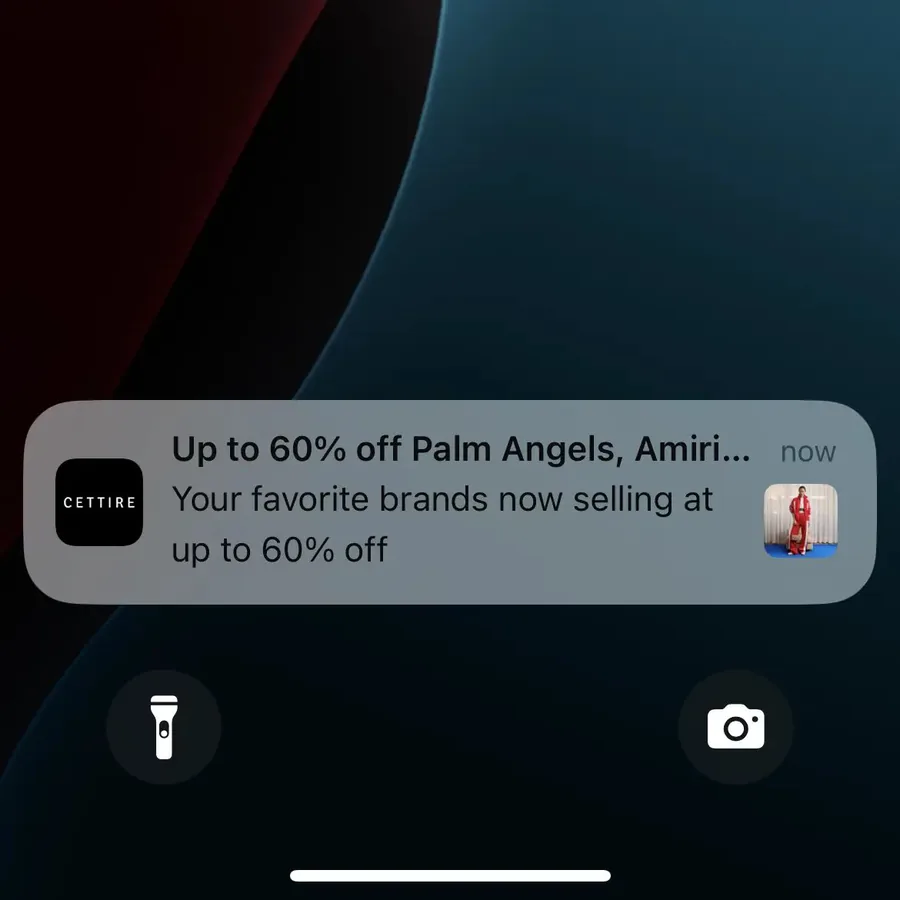 Cettire push notification: Up to 60% off Palm Angels, Amiri.... Your favorite brands now selling at up to 60% off