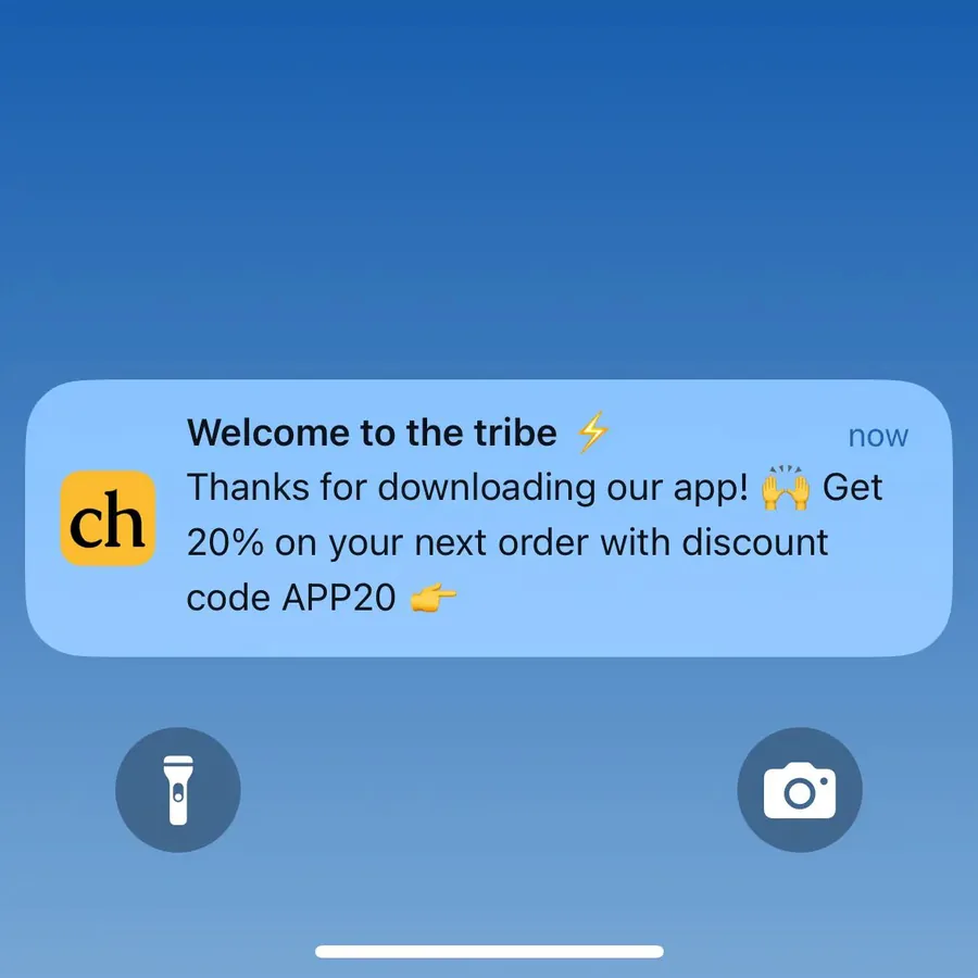 Chebeauty push notification: Welcome to the tribe. Thanks for downloading our app! 20% on your next order with discount code APP20