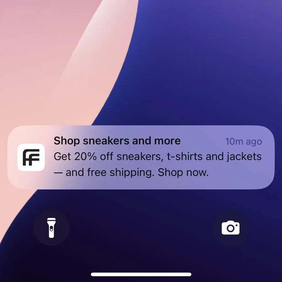 Farfetch push notification: Shop sneakers and more. Get 20% off sneakers, t-shirts and jackets - and free shipping. Shop now.
