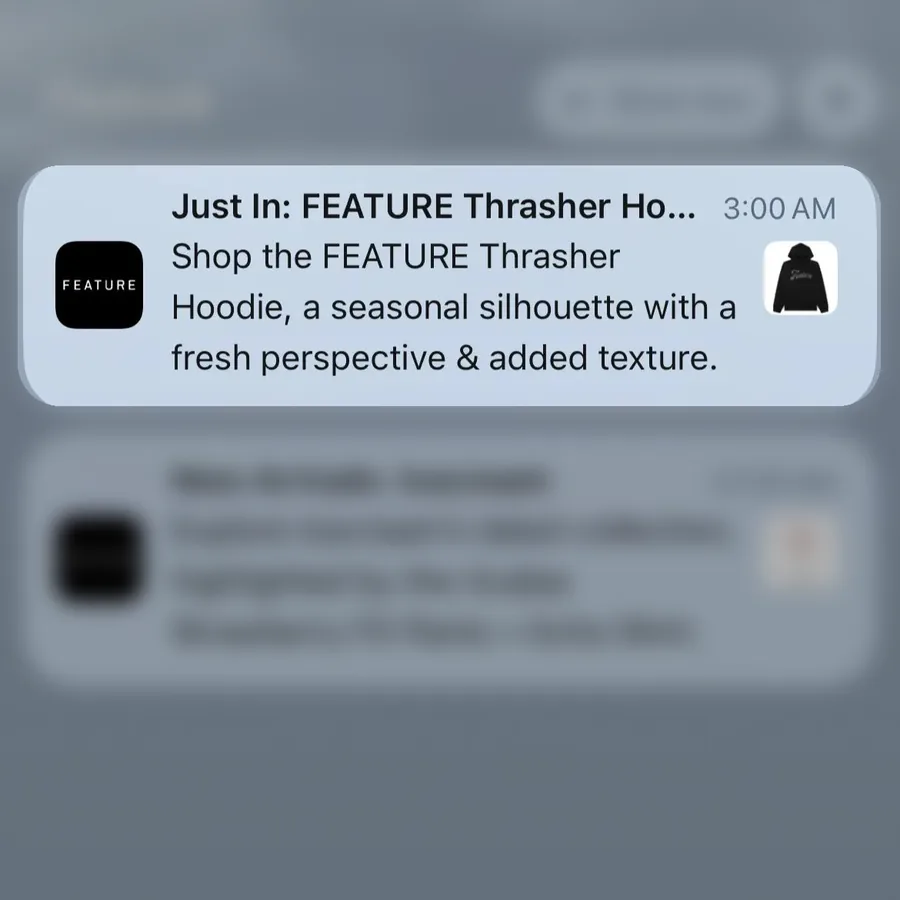 Feature push notification: Just In: FEATURE Thrasher Ho... 3:00 AM. Shop the FEATURE Thrasher Hoodie, a seasonal silhouette with a fresh perspective & added texture.
