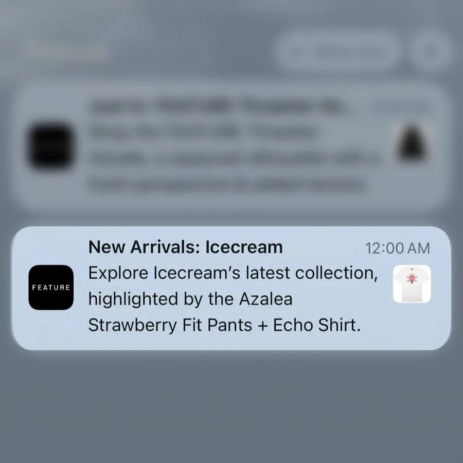 Feature push notification: New Arrivals: Icecream. Explore Icecream's latest collection, highlighted by the Azalea Strawberry Fit Pants + Echo Shirt.