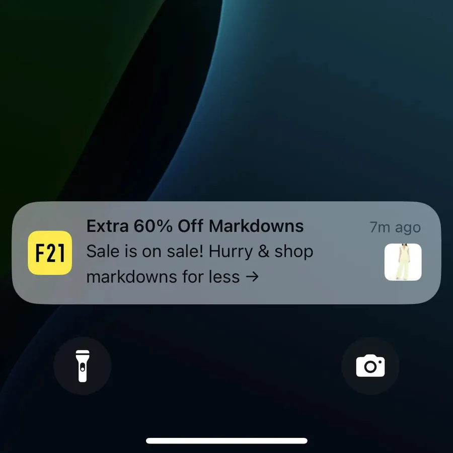 Forever 21 push notification: Extra 60% Off Markdowns. Sale is on sale! Hurry & shop markdowns for less →