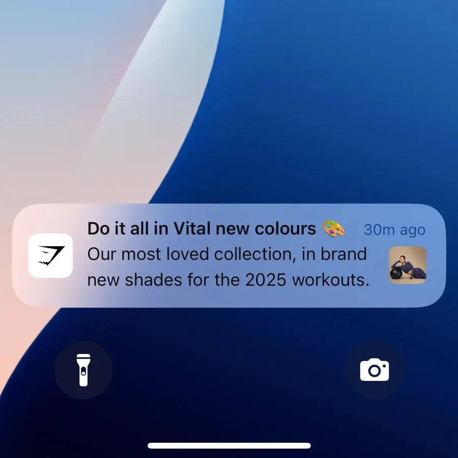 Gymshark push notification: Do it all in Vital new colours. Our most loved collection, in brand new shades for the 2025 workouts.