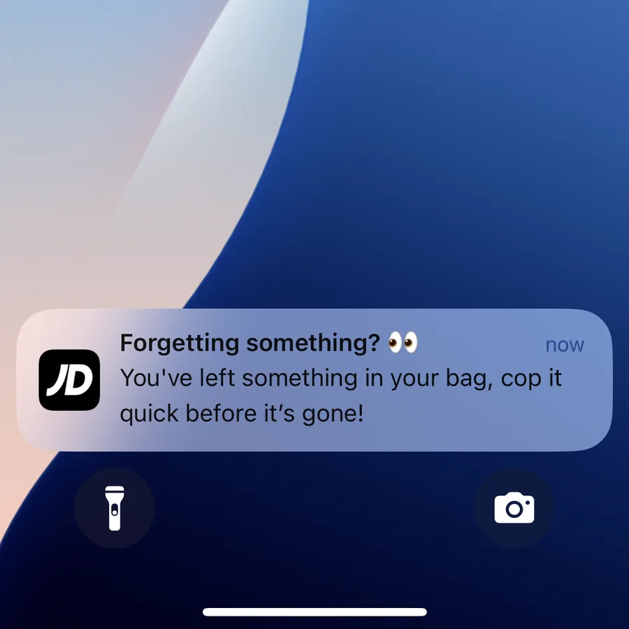 JD Sports push notification: Forgetting something?. You've left something in your bag, cop it quick before it's gone!