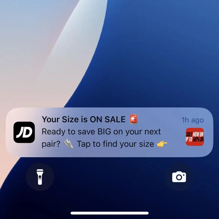 JD Sports push notification: Your Size is ON SALE. Ready to save BIG on your next Tap to find your size pair?