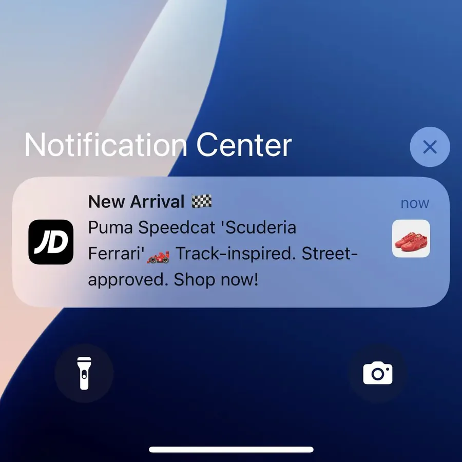 JD Sports push notification: New Arrival :. Puma Speedcat 'Scuderia Ferrari' sei Track-inspired. Street- approved. Shop now!