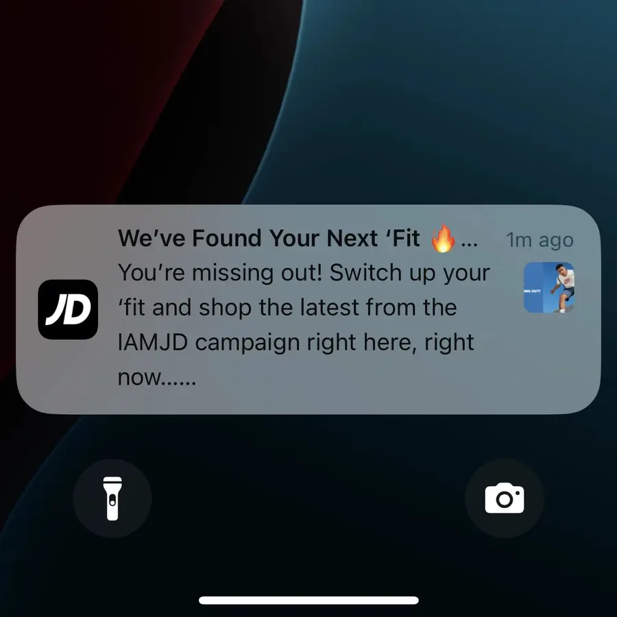 JD Sports push notification: We've Found Your Next 'Fit. • . . You're missing out! Switch up your 'fit and shop the latest from the IAMJD campaign right here, right now......