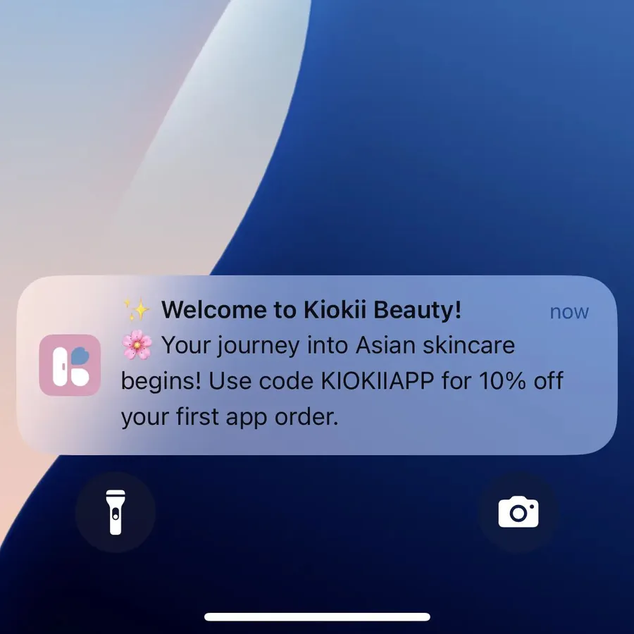 Kiokii push notification: Welcome to Kiokii Beauty!. Your journey into Asian skincare begins! Use code KIOKIIAPP for 10% off your first app order.