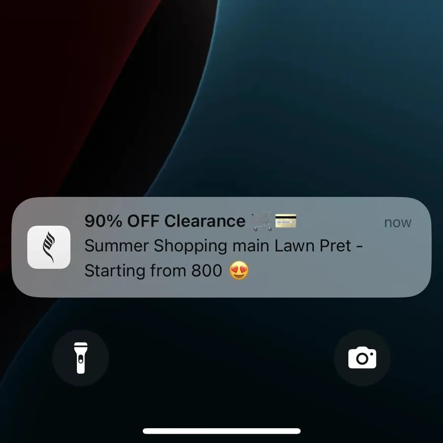 LAAM push notification: 90% OFF Clearance. Summer Shopping main Lawn Pret - Starting from 800