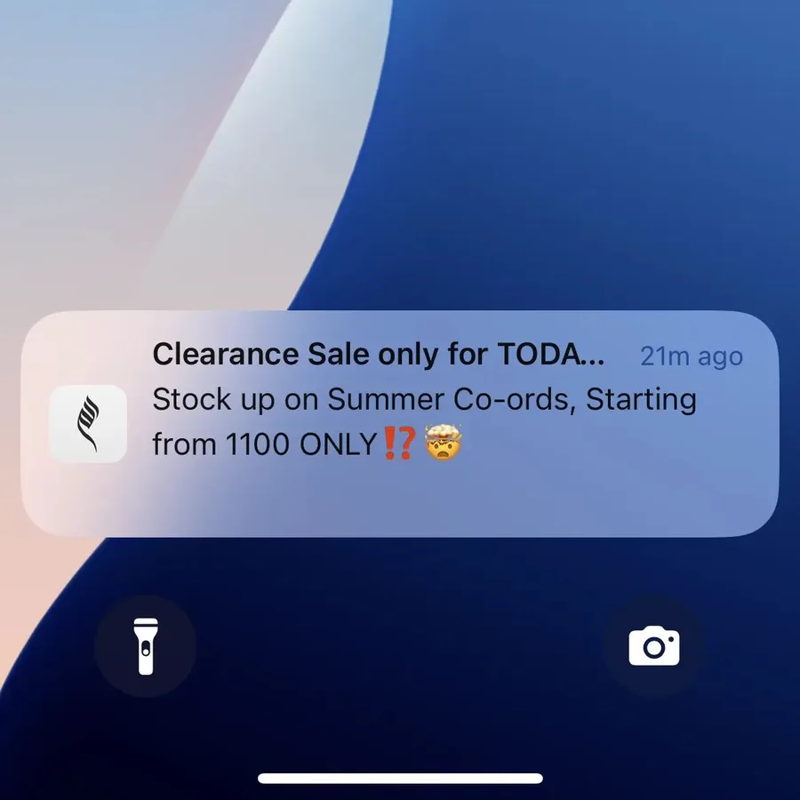 LAAM push notification: Clearance Sale only for TODA... 21m ago. Stock up on Summer Co-ords, Starting from 1100 ONLY !?