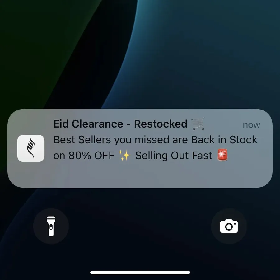 LAAM push notification: Eid Clearance - Restocked. Best Sellers you missed are Back in Stock on 80% OFF *+ Selling Out Fast *