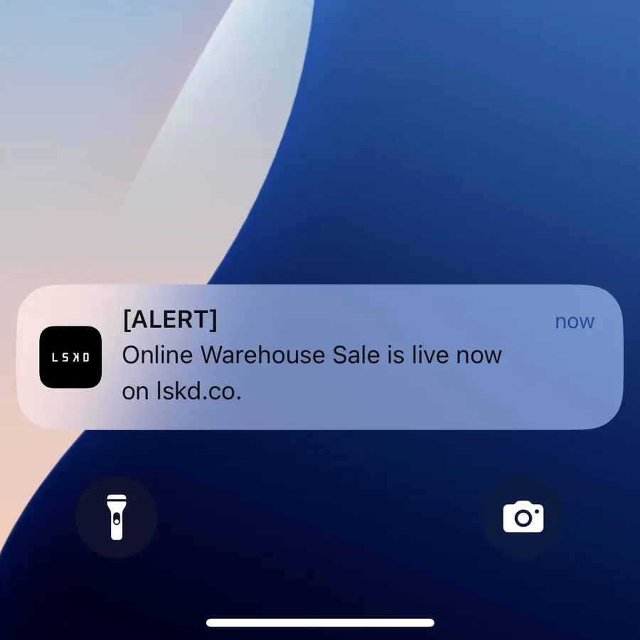 LSKD push notification: [ALERT]. Online Warehouse Sale is live now on Iskd.co.