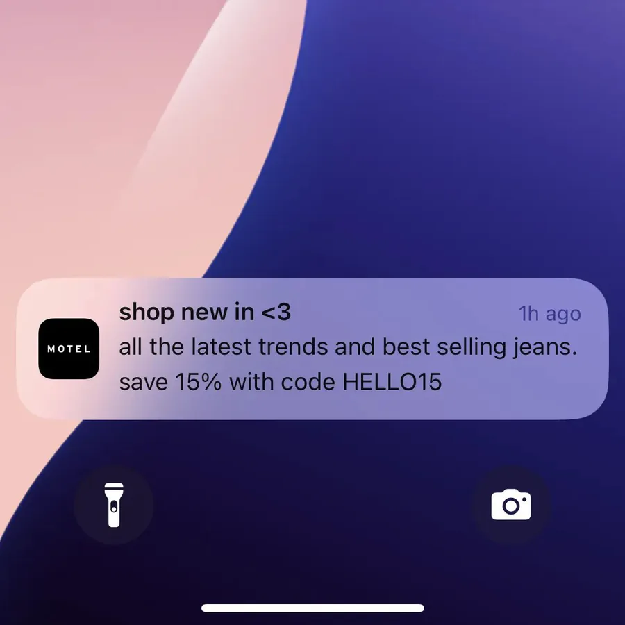 Motel Rocks push notification: shop new in <3. all the latest trends and best selling jeans. save 15% with code HELLO15