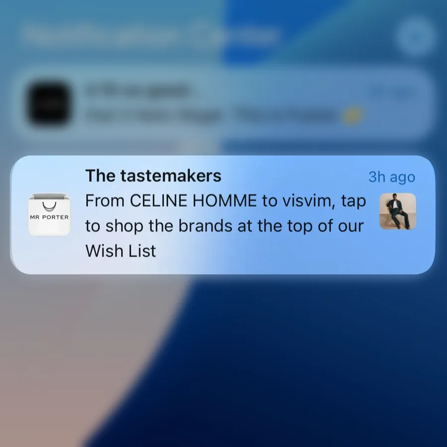 Mr Porter push notification: The tastemakers. From CELINE HOMME to visvim, tap to shop the brands at the top of our Wish List