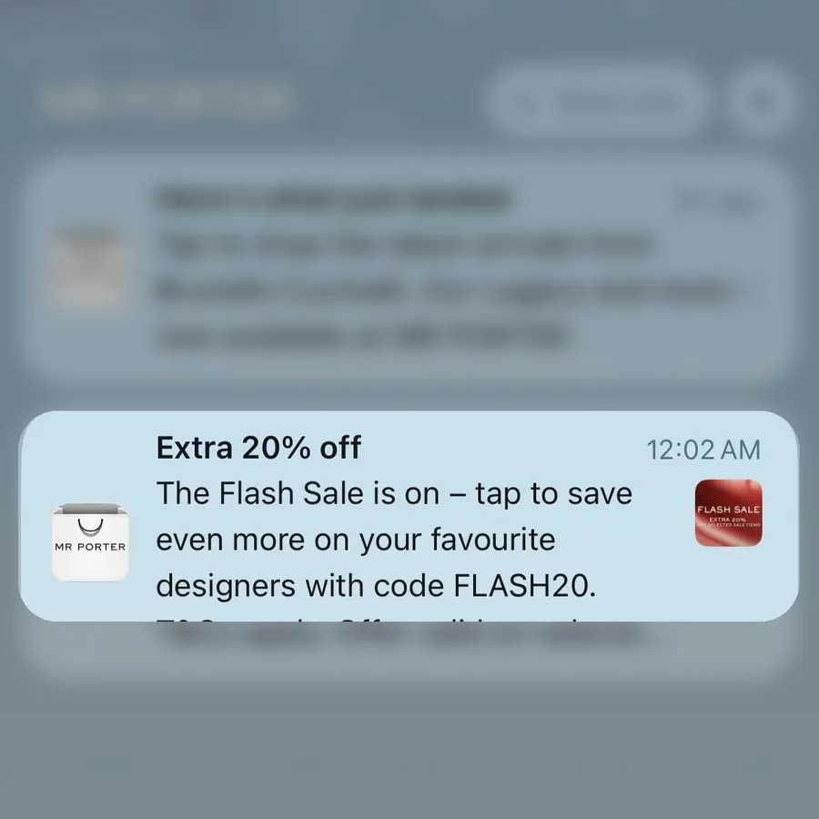 Mr Porter push notification: Extra 20% off. The Flash Sale is on - tap to save even more on your favourite designers with code FLASH20.