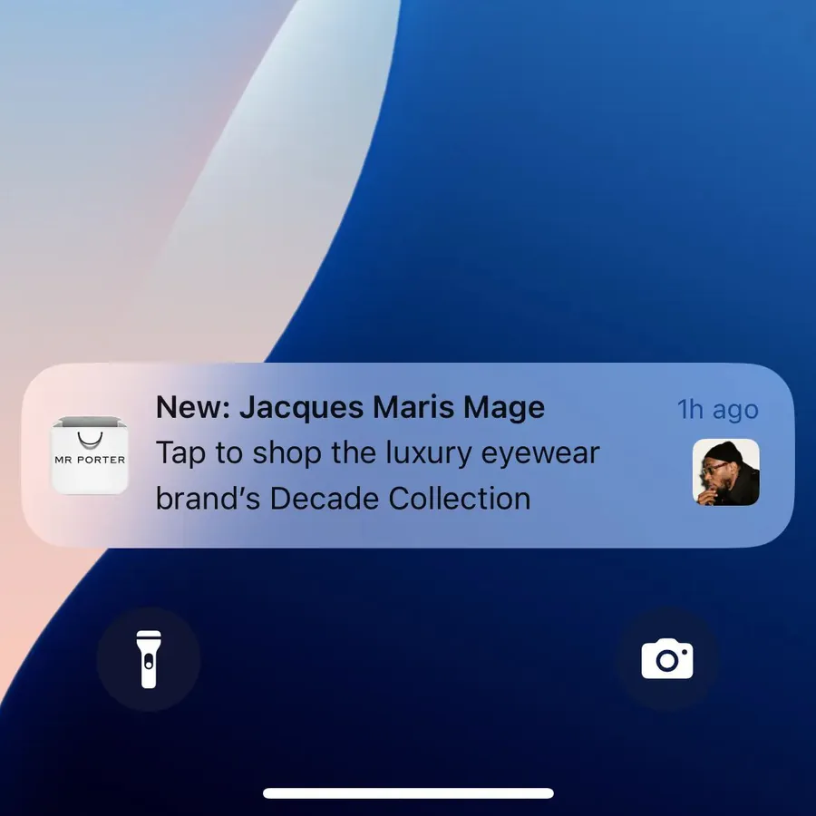 Mr Porter push notification: New: Jacques Maris Mage. Tap to shop the luxury eyewear brand's Decade Collection