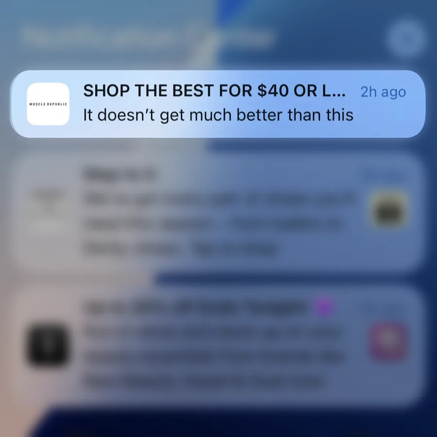 Muscle Republic push notification: SHOP THE BEST FOR $40 OR L.... It doesn't get much better than this