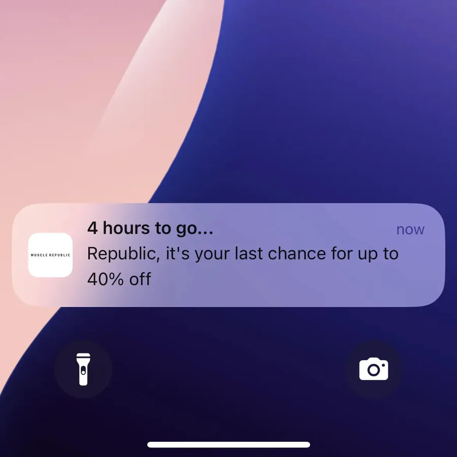 Muscle Republic push notification: 4 hours to go.... Republic, it's your last chance for up to 40% off